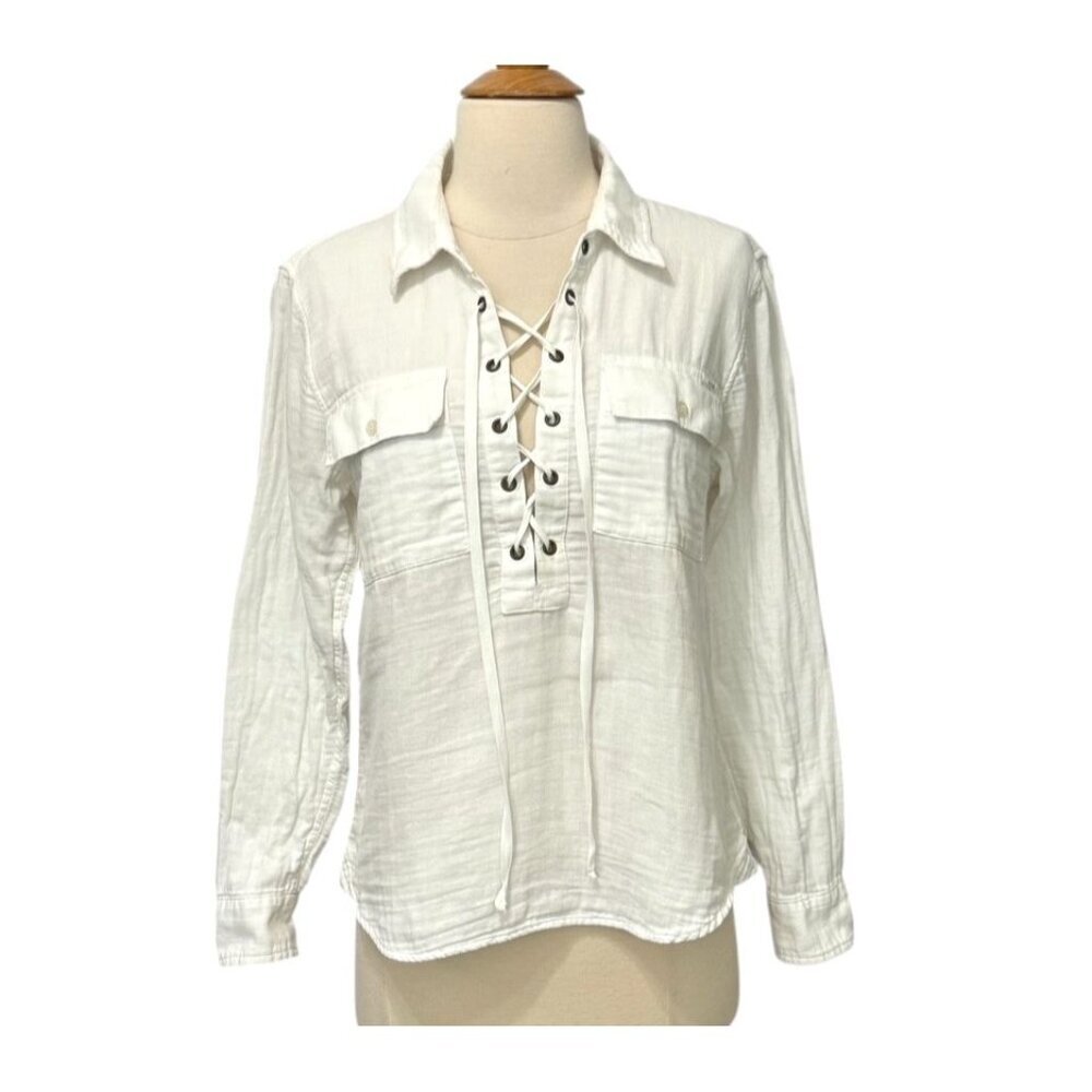 Mother White Lace-up Frenchie Top Blouse Long Sleeve Cotton Gauze Pirate Size M?